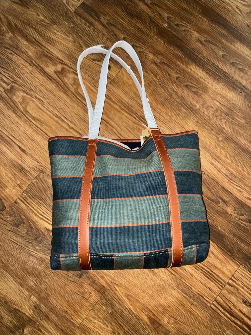 RRL Handwoven Indigo Striped Leather Tote Bag
